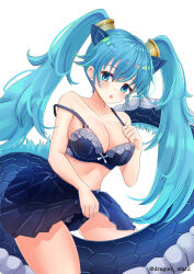 Rule 34 | 1girl, absurdres, animal ears, aqua eyes, between legs, blue hair, blue skirt, blush, breasts, cleavage, collarbone, dragon girl, dragon tail, highres, holding, holding clothes, holding skirt, kemono friends, large breasts, long hair, looking at viewer, mappuri, miniskirt, pleated skirt, seiryuu (kemono friends), simple background, skirt, solo, tail, tail between legs, twintails, twitter username, white background