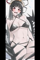 Rule 34 | 1girl, antenna hair, arms behind back, bags under eyes, bikini, black bikini, black hair, black wings, blood, blood halo, blue archive, blurry, blurry foreground, blush, breasts, cleavage, commentary, criss-cross halter, feet out of frame, flower, goshiki suzu, hair flower, hair ornament, halo, halterneck, highres, large breasts, liquid halo, long hair, looking down, melting halo, navel, official alternate costume, open mouth, pillarboxed, red eyes, red halo, sharp teeth, side-tie bikini bottom, simple background, sitting, skindentation, solo, spiked wings, stomach, string bikini, sweat, swimsuit, teeth, tsurime, tsurugi (blue archive), tsurugi (swimsuit) (blue archive), very long hair, white background, wings