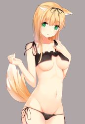 Rule 34 | 10s, 1girl, adapted costume, alternate costume, animal ears, black panties, black ribbon, blonde hair, breasts, cat ear panties, cat lingerie, covered erect nipples, cowboy shot, eyebrows, fox ears, fox tail, frills, gin00, green eyes, grey background, hair ornament, hair ribbon, highres, kantai collection, kemonomimi mode, long hair, looking at viewer, medium breasts, meme attire, micro panties, navel, panties, pinky out, ribbon, see-through, side-tie panties, simple background, solo, stomach, tail, underboob, underwear, underwear only, yuudachi (kancolle)