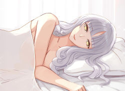 Rule 34 | 1girl, bed sheet, blunt bangs, breasts, carmilla (fate), collarbone, commentary request, covering privates, covering breasts, curly hair, fate/grand order, fate (series), kozara14, long hair, looking at viewer, lying, medium breasts, on bed, on pillow, on side, pillow, silver hair, smile, solo, upper body, yellow eyes