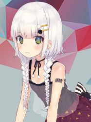 Rule 34 | 1girl, @ @, barcode, barcode tattoo, blush, braid, braiding hair, camisole, closed mouth, commentary request, fushimi sameta, gradient eyes, green eyes, hair ornament, hairdressing, hairpin, highres, hood, leaning forward, long hair, looking at viewer, multicolored eyes, original, ribbon, skirt, solo, striped, tail, tattoo, thighhighs, twin braids, upper body, wavy mouth, white hair