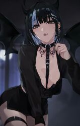 1girl absurdres ahoge between_breasts black_hair blunt_bangs breasts brown_eyes commentary cross cross_earrings demon_girl demon_horns demon_wings earrings english_commentary fangs highres horns irene_(kanniiepan) jewelry kanniiepan long_sleeves looking_at_viewer medium_breasts medium_hair miniskirt mole mole_under_eye open_mouth original skirt slit_pupils solo teeth thigh_strap tongue wings