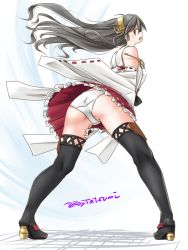 Rule 34 | 1girl, black hair, black thighhighs, boots, commentary request, crotch seam, detached sleeves, frilled skirt, frills, from behind, full body, hair ornament, hairband, hairclip, haruna (kancolle), headgear, kantai collection, leaning forward, long hair, one-hour drawing challenge, panties, pleated skirt, red skirt, ribbon-trimmed sleeves, ribbon trim, simple background, skirt, solo, standing, tatsumi ray, thigh boots, thighhighs, twitter username, underwear, white background, white panties, wind, wind lift