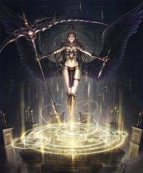 Rule 34 | 1girl, ahoge, armored boots, artist request, boots, brown hair, candle, cygames, dagger, feathered wings, full body, fur collar, gauntlets, knife, loincloth, long hair, magic circle, navel, official art, pointy ears, revealing clothes, scythe, shadowverse, solo, standing, thigh strap, weapon, wings