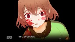 Rule 34 | absurdres, androgynous, black background, blood, blood on face, blood on clothes, blush, blush stickers, brown hair, chara (undertale), empty eyes, fourth wall, gameplay mechanics, gender request, green shirt, happy udk, heart, heart necklace, highres, jewelry, kimi to kanojo to kanojo no koi., looking at viewer, necklace, open mouth, parody, red eyes, shirt, simple background, solo, spoilers, trait connection, undertale, upper body, visual novel, yandere
