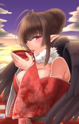 Rule 34 | 1girl, akitsuki karasu, alcohol, antenna hair, bare shoulders, black wings, blush, braid, breasts, brown hair, cleavage, cup, feathered wings, floral print, from side, japanese clothes, kimono, large breasts, looking to the side, obi, off shoulder, original, pointy ears, purple eyes, sakazuki, sake, sash, short hair, solo, tongue, tongue out, upper body, wings