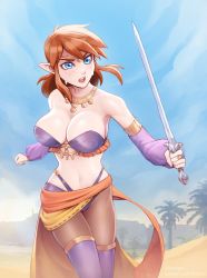 Rule 34 | 1girl, alternate costume, armlet, bikini, blue eyes, blue sky, boots, breasts, brellom, brown hair, circlet, cleavage, cosplay, day, desert, detached sleeves, fighting stance, freckles, genderswap, genderswap (mtf), harem outfit, highleg, highleg bikini, highres, holding, holding sword, holding weapon, impossible clothes, jewelry, large breasts, left-handed, link, link (shounen captain), necklace, nintendo, open mouth, pantyhose, purple bikini, purple footwear, purple sleeves, ring, sarong, senya (dq11), senya (dq11) (cosplay), sheikah, sky, solo, strapless, strapless bikini, sweat, swimsuit, sword, teeth, the legend of zelda, the legend of zelda: a link to the past, thigh boots, thighhighs, upper teeth only, weapon