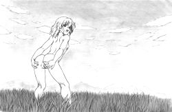 Rule 34 | 1girl, anus, ass, back, breasts, completely nude, from behind, graphite (medium), grass, greyscale, harumachi nagaaki, looking at viewer, looking back, monochrome, nature, nude, original, outdoors, presenting, pussy, smile, solo, spread ass, spread pussy, standing, traditional media, uncensored