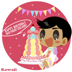 Rule 34 | 1boy, :d, birthday, birthday cake, black hair, blush stickers, bow, cake, confetti, dark skin, dark-skinned male, english text, food, fruit, grey eyes, happy birthday, highres, kaorin minogue, male focus, open mouth, phichit chulanont, smile, star-shaped pupils, star (symbol), strawberry, string of flags, symbol-shaped pupils, thai clothes, yuri!!! on ice