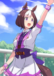 Rule 34 | 1girl, :d, animal ears, arm up, blue sky, bow, brown hair, cloud, day, ear ribbon, horse ears, horse girl, horse tail, looking away, multicolored hair, open mouth, outdoors, puffy short sleeves, puffy sleeves, purple eyes, railing, saiste, short hair, short sleeves, sky, smile, solo, special week (umamusume), streaked hair, tail, two-tone hair, umamusume, white hair, wrist cuffs