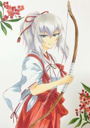 Rule 34 | 1girl, alternate costume, alternate hairstyle, blue eyes, bow (weapon), branch, closed mouth, commentary request, girls und panzer, grey hair, hair ribbon, hair up, hakama, half-closed eyes, highres, holding, holding bow (weapon), holding weapon, itsumi erika, japanese clothes, kimono, looking at viewer, medium hair, miko, partial commentary, ponytail, red hakama, red ribbon, ribbon, ribbon-trimmed sleeves, ribbon trim, sawamaru30, short sleeves, smile, solo, standing, tasuki, traditional media, weapon, white kimono