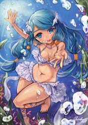 Rule 34 | air bubble, ankle lace-up, aoi futaba (aoi2taba), barefoot, bikini, blue eyes, blue hair, bracelet, breath, bubble, coral, cross-laced footwear, diving, freediving, frilled bikini, frills, highres, holding breath, jewelry, long hair, ocean, original, solo, swimming, swimsuit, underwater