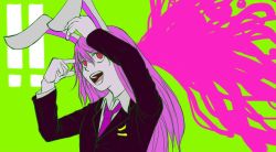 Rule 34 | !, !!, 1girl, animal ears, arms up, black legwear, blazer, crescent, crescent moon, dress shirt, finger gun, finger gun to head, green background, hands up, jacket, kangae-chuu, long hair, long sleeves, moon, necktie, open mouth, pointing, pointing at self, purple hair, rabbit ears, red eyes, red necktie, reisen udongein inaba, shirt, simple background, skirt, smile, solo, teeth, touhou, upper body, very long hair, white shirt