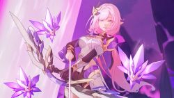 Rule 34 | 1girl, :d, arrow (projectile), black gloves, bow (weapon), elysia (honkai impact), elysia (miss pink elf) (honkai impact), gloves, hair between eyes, hair ornament, highres, holding, holding arrow, holding bow (weapon), holding weapon, honkai (series), honkai impact 3rd, long hair, long sleeves, looking at viewer, open mouth, pink eyes, pink hair, pointy ears, single glove, smile, solo, third-party source, weapon