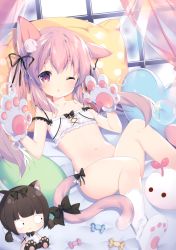Rule 34 | 1girl, absurdres, animal ear fluff, animal ears, animal hands, arms up, azur lane, bare shoulders, bikini, bikini top only, bubble, candy, cat day, cat ears, cat tail, character doll, flat chest, food, gloves, highres, kisaragi (azur lane), knees up, legs, long hair, lying, mutsuki (azur lane), mutsuki face (azur lane), navel, on back, one eye closed, open mouth, paw gloves, paw print, pillow, pink eyes, ribbon, socks, solo, stuffed toy, swimsuit, tail, tail ornament, tail ribbon, thighs, tsukimi (xiaohuasan), twintails, white bikini, white footwear, white gloves, window