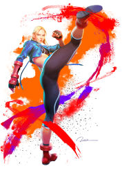 Rule 34 | 1girl, absurdres, blonde hair, blue eyes, breasts, cammy white, capcom, fingerless gloves, gloves, highres, jacket, open clothes, open jacket, pants, short hair, sports bra, street fighter, street fighter 6