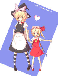 Rule 34 | 2girls, age difference, apron, black footwear, blonde hair, blush, bow, brown eyes, character name, child, dress, female focus, flandre scarlet, full body, hair bow, hat, hat bow, heart, height difference, holding hands, huei nazuki, kirisame marisa, kneehighs, mob cap, multiple girls, onee-loli, pantyhose, red eyes, red footwear, shoes, side ponytail, smile, socks, standing, striped clothes, striped legwear, striped pantyhose, touhou, wings, witch hat, yuri