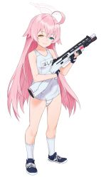 Rule 34 | 1girl, alternate costume, blue archive, halo, highres, hoshino (blue archive), kuma (jk0073), looking at viewer, one-piece swimsuit, pink hair, shoes, simple background, socks, solo, swimsuit, white background, white socks