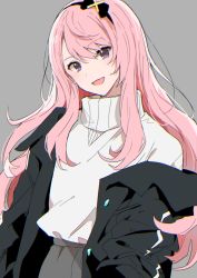 Rule 34 | 1boy, :d, black jacket, blush, commentary request, grey background, hair between eyes, hairband, highres, holostars, jacket, long hair, looking at viewer, male focus, musshu (omu001), open mouth, pink hair, purple eyes, sidelocks, simple background, smile, solo, sweater, trap, tsukishita kaoru, turtleneck, upper body, virtual youtuber