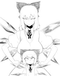 Rule 34 | 2girls, aged up, bow, breasts, cirno, dual persona, flat chest, greyscale, hair bow, hands on own hips, height difference, ice, ice wings, large breasts, monochrome, multiple girls, short hair, simple background, spacezin, time paradox, touhou, white background, wings
