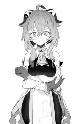 Rule 34 | 1girl, ahoge, arms under breasts, bare shoulders, bell, black legwear, breasts, chinese knot, crossed arms, ddari, detached sleeves, flower knot, ganyu (genshin impact), genshin impact, gloves, greyscale, horns, long hair, looking at viewer, medium breasts, monochrome, neck bell, sidelocks, solo, standing, vision (genshin impact)