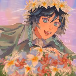 Rule 34 | 1boy, 31musketeers, androgynous, bad id, bad twitter id, black hair, blue eyes, blue hair, blurry, blurry background, bouquet, bow, braid, cape, collared cape, collared shirt, flower, genshin impact, gradient hair, highres, looking at viewer, male focus, multicolored hair, open mouth, red flower, shirt, short hair with long locks, simple background, smile, solo, twin braids, venti (genshin impact), white flower, white shirt, wreath