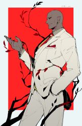 Rule 34 | 1boy, alternate costume, bald, black sclera, branch, colored sclera, dark-skinned male, dark skin, earrings, fate/grand order, fate (series), feet out of frame, formal, from side, hand in pocket, highres, jewelry, koshiro itsuki, looking at viewer, male focus, necktie, open hand, red eyes, romulus (fate), solo, suit, white suit