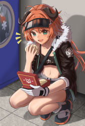 Rule 34 | 1girl, :d, ^^^, arknights, bandeau, baozi, belt, black footwear, black jacket, black shorts, blush, boots, box, breasts, cleavage, collarbone, commentary request, cow horns, croissant (arknights), fang, food, full body, fur-trimmed jacket, fur trim, gloves, green eyes, highres, holding, holding food, horns, indoors, jacket, knee boots, long hair, long sleeves, looking at viewer, mask, mask on head, navel, notice lines, open box, open clothes, open jacket, open mouth, orange hair, penguin logistics logo, shironekoban, short shorts, shorts, signature, single glove, small breasts, smile, solo, squatting, steam, tile floor, tiles, white gloves