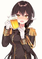 Rule 34 | 1girl, alcohol, azur lane, beer, beer mug, black hair, blush, breasts, buttons, commentary request, cup, drunk, epaulettes, foam mustache, gloves, hair between eyes, holding, horns, long hair, long sleeves, looking at viewer, manio, medium breasts, mikasa (azur lane), military, military uniform, mug, open mouth, simple background, solo, uniform, upper body, white background, white gloves