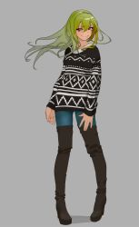 Rule 34 | 1girl, attall, boots, brown footwear, denim, flat chest, full body, green hair, high heel boots, high heels, highres, jeans, long hair, nanbo ataru (attall), original, pants, red eyes, scar, simple background, smile, solo, sweater, thigh boots, thighhighs