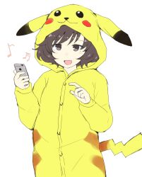 Rule 34 | 10s, 1girl, akiyama yukari, animal costume, beamed semiquavers, brown eyes, brown hair, cellphone, commentary, cosplay, cowboy shot, creatures (company), game freak, gedou (ge ge gedou), gen 1 pokemon, girls und panzer, holding, holding phone, long sleeves, messy hair, musical note, nintendo, open mouth, pajamas, phone, pikachu, pikachu (cosplay), pokemon, quaver, short hair, simple background, smartphone, smile, solo, standing, white background
