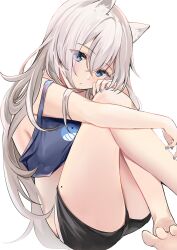 Rule 34 | 1girl, animal ears, animal print, bare shoulders, barefoot, black shorts, blue eyes, blue nails, blue shirt, breasts, cat ears, closed mouth, crop top, crossed bangs, fish print, grey hair, highres, hugging own legs, kemonomimi mode, long hair, looking at viewer, medium breasts, mole, mole on thigh, mole under eye, original, ry thae, sanyu (ry thae), shirt, short shorts, shorts, sideboob, simple background, solo, strap slip, whale print, white background