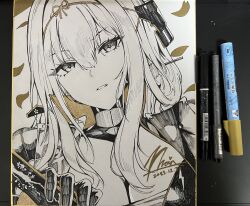 Rule 34 | 1girl, armor, black armor, breasts, cleavage, comiket 103, goddess of victory: nikke, gold armor, greyscale, highres, holding, holding weapon, marker, medium breasts, monochrome, nr noir, petals, scarlet (black shadow) (nikke), scarlet (nikke), signature, simple background, sword, traditional media, weapon, white background