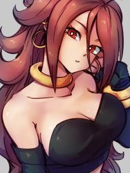 Rule 34 | 1girl, android 21, bare shoulders, breasts, choker, cleavage, collarbone, cosplay, dragon ball, dragon ball fighterz, earrings, grey background, hand up, hoop earrings, jewelry, kemachiku, large breasts, long hair, looking at viewer, majin android 21, majin android 21 (cosplay), red eyes, red hair, simple background, solo, upper body