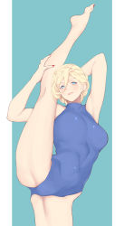 Rule 34 | 1girl, armpits, barefoot, blonde hair, blue eyes, blue leotard, blush, breasts, flexible, hair between eyes, highres, kantai collection, kneepits, large breasts, leg lift, leg up, leotard, long hair, looking at viewer, mole, mole under eye, mole under mouth, nail polish, red nails, richelieu (kancolle), shingyou (alexander-13), simple background, smile, solo, split, standing, standing on one leg, standing split, thighs