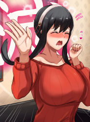 Rule 34 | 1girl, arms up, black hair, blush, breasts, closed eyes, collarbone, embarrassed, eyelashes, fingernails, flying sweatdrops, hairband, highres, large breasts, long hair, long sleeves, low-cut, open mouth, outstretched arm, pleia desu, red shirt, shirt, sidelocks, slapping, speed lines, spy x family, sweat, upper body, yor briar