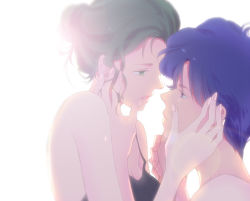 Rule 34 | 1990s (style), 1boy, 1girl, bad id, bad pixiv id, bare shoulders, bishoujo senshi sailor moon, bishoujo senshi sailor moon r, black moon clan, blue hair, blurry, bokeh, breasts, cleavage, crescent, crescent facial mark, depth of field, esmeraude (sailor moon), eye contact, face-to-face, facial mark, from side, green eyes, green hair, hair bun, hand in own hair, hand on another&#039;s face, hetero, holding hands, long hair, looking at another, parted lips, petz (sailor moon), retro artstyle, saki (hxaxcxk), saphir (sailor moon), single hair bun, sleeveless, upper body, white background