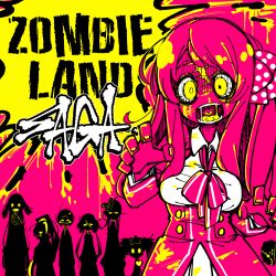 Rule 34 | 10s, 6+girls, bandages, bow, framed breasts, hair bow, highres, hoshikawa lily, konno junko, long hair, minamoto sakura, mizuno ai, multiple girls, nikaidou saki, open mouth, pink background, polka dot, romero (zombie land saga), scar, scar on face, scar on forehead, yamada tae, yuugiri (zombie land saga), zombie, zombie land saga