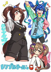 Rule 34 | 3girls, :d, absurdres, animal ears, appleq, arm up, belt, belt buckle, black belt, black ribbon, black shorts, black skirt, black vest, blue eyes, blue hair, blue hoodie, blush stickers, bow, breasts, brown eyes, brown hair, buckle, closed mouth, collared shirt, cropped legs, drawstring, dress shirt, grey background, grey shirt, hair between eyes, hair bow, hand on own hip, hand up, heterochromia, highres, hishi akebono (umamusume), holding, holding hair, hood, hood down, hoodie, horse ears, horse girl, horse tail, knees up, long hair, long sleeves, medium breasts, multiple girls, neck ribbon, notice lines, open mouth, pantyhose, pink bow, pink shirt, pleated skirt, purple bow, purple eyes, red footwear, ribbon, sharp teeth, shirt, shoes, short eyebrows, short shorts, shorts, simple background, sitting, skirt, smart falcon (umamusume), smile, standing, tail, teeth, thick eyebrows, translation request, twin turbo (umamusume), twintails, umamusume, very long hair, vest, white background, white pantyhose, yellow bow