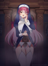 Rule 34 | 1girl, :d, blue dress, breast curtains, breasts, clothes lift, clothing cutout, colored inner hair, covered navel, cross print, dress, dress lift, eyes visible through hair, garter belt, hair over one eye, heart, heart-shaped pupils, heterochromia, highres, hololive, houshou marine, houshou marine (nun), indoors, juliet sleeves, large breasts, leotard, leotard under clothes, lifted by self, long sleeves, multicolored hair, nun, open mouth, oshiruko (oshiruco 212048), puffy sleeves, red eyes, red hair, smile, solo, steam, symbol-shaped pupils, thighhighs, underboob cutout, veil, virtual youtuber, white hair, white thighhighs, yellow eyes