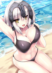 Rule 34 | 1girl, :d, ahoge, arm behind head, arm up, armpits, bare arms, bare legs, bare shoulders, barefoot, beach, bikini, bikini pull, black bikini, blush, breasts, cleavage, clothes pull, collarbone, commentary request, cowboy shot, day, fate/grand order, fate (series), groin, hair between eyes, hand up, headpiece, jeanne d&#039;arc (fate), jeanne d&#039;arc alter (avenger) (fate), jeanne d&#039;arc alter (fate), large breasts, looking at viewer, navel, open mouth, outdoors, pulling own clothes, ryokushiki (midori-ya), short hair, simple background, sitting, smile, solo, stomach, swimsuit, thigh gap, wariza, water, white hair, yellow eyes