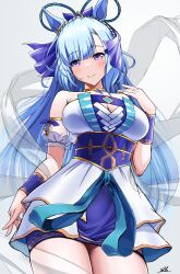 Rule 34 | 1girl, absurdres, animal ears, bare shoulders, blue dress, blue hair, blush, braid, breasts, cleavage, closed mouth, commentary request, cowboy shot, detached sleeves, dress, ear ornament, grey background, hagoromo, hair ornament, hands on own chest, highres, horse ears, horse girl, horse tail, huge breasts, large breasts, light blue hair, long hair, looking at viewer, mejiro ardan (flowers of prayer dance in the night breeze) (umamusume), mejiro ardan (umamusume), multicolored clothes, multicolored dress, official alternate costume, one eye closed, oryou gunsou, panties, pantyshot, puffy sleeves, purple eyes, ribbon, shawl, signature, simple background, sketch, smile, solo, standing, stole, strapless, strapless dress, tail, two-tone dress, umamusume, underwear, white background, white dress, wrist cuffs