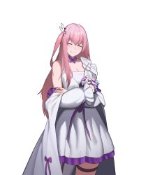 Rule 34 | 1girl, blush, breasts, cero (last2stage), cleavage, closed eyes, closed mouth, collarbone, commission, crossed arms, dress, feet out of frame, flower, girls&#039; frontline, highres, holding, holding flower, long hair, official alternate costume, pink hair, side ponytail, small breasts, smile, solo, st ar-15 (girls&#039; frontline), st ar-15 (top hat drifting to the flowers) (girls&#039; frontline), standing, white background, white dress
