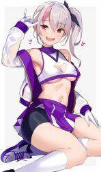 Rule 34 | 1girl, :d, arm up, armpits, bare shoulders, bike shorts, black shorts, breasts, cheerleader, cleavage, cleavage cutout, clothing cutout, crop top, fangs, gloves, hair between eyes, hair ribbon, heart cutout, highres, jacket, kneehighs, long hair, long sleeves, looking at viewer, medium breasts, midriff, miniskirt, multicolored hair, navel, open clothes, open jacket, open mouth, original, purple skirt, red eyes, ribbon, shirt, shoes, short shorts, shorts, shorts under skirt, side ponytail, side slit, silver hair, simple background, sitting, skirt, sleeveless, sleeveless shirt, smile, sneakers, socks, solo, stomach, streaked hair, sukebewe, thighs, underboob, white background, white footwear, white gloves, white jacket, white shirt, white socks