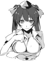 Rule 34 | 1girl, between breasts, bra, breast lift, breast rest, breasts, breasts out, camera phone, cellphone, cleavage, collared shirt, come hither, greyscale, hat, himekaidou hatate, kamukamu (ars), large breasts, looking at viewer, monochrome, open clothes, open shirt, phone, sexually suggestive, shirt, simple background, smile, solo, team shanghai alice, tokin hat, touhou, twintails, underwear, white background