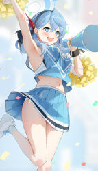 Rule 34 | 1girl, absurdres, ako (blue archive), alternate costume, arm up, armpits, auui, black hairband, blue archive, blue eyes, blue hair, blue shirt, blue skirt, cheerleader, commentary request, cross-laced footwear, earrings, hair between eyes, hairband, halo, highres, jewelry, medium hair, midriff, navel, open mouth, panties, shirt, shoes, skirt, sleeveless, sleeveless shirt, smile, socks, solo, standing, standing on one leg, stud earrings, sweat, teeth, thighs, underwear, upper teeth only, white footwear, white panties, white socks