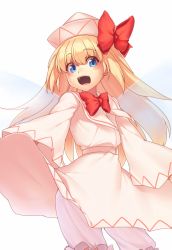 Rule 34 | 1girl, :d, blonde hair, bloomers, blue eyes, blush, bow, bowtie, commentary request, cowboy shot, dress, fairy wings, hair between eyes, hat, hat bow, kaiza (rider000), lily white, long sleeves, looking at viewer, open mouth, red bow, red bowtie, sash, simple background, smile, solo, standing, touhou, underwear, white background, white bloomers, white dress, white hat, white sash, wide sleeves, wings