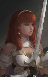 Rule 34 | 1girl, armor, breastplate, celica (fire emblem), earrings, fire emblem, fire emblem echoes: shadows of valentia, fire emblem gaiden, gloves, holding, holding sword, holding weapon, jewelry, nintendo, portrait, red eyes, red hair, solo, sword, weapon, yagaminoue
