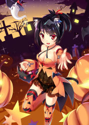 Rule 34 | 1girl, absurdres, animal ears, bare shoulders, basket, bat hair ornament, black hair, blush, breasts, candy, cat ears, cat tail, cleavage, cross, detached sleeves, fangs, food, ghost, grave, hair ornament, hair ribbon, halloween, hat, highres, jack-o&#039;-lantern, kaede (yumesaki kaede), lantern, large breasts, looking at viewer, open mouth, original, outstretched hand, panties, polka dot, polka dot panties, ponytail, pumpkin, ribbon, see-through, short hair, smile, solo, striped clothes, striped thighhighs, tail, thighhighs, underwear, witch hat, zettai ryouiki