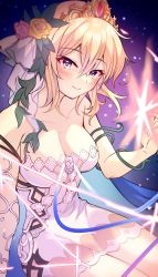 Rule 34 | 1girl, bare shoulders, blue cape, blush, breasts, cape, cleavage, collarbone, commentary request, dress, europa (granblue fantasy), flower, gradient background, granblue fantasy, hair flower, hair ornament, highres, kona (soyakimi), looking at viewer, medium breasts, plant, purple eyes, sidelocks, sleeveless, smile, solo, sparkle, tiara, vines, white dress